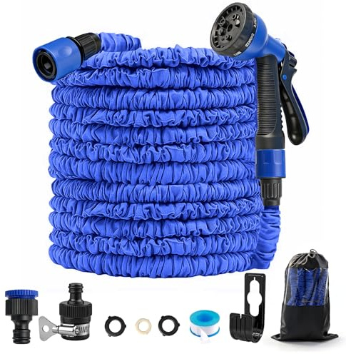 Expandable Garden Hose – 45M/150FT Flexible Retractable Water Hose with 3/4 & 1/2 Fittings, Anti-Leakage Latex Core, 8-Function Spray Nozzle for Garden & Outdoor Use, Blue