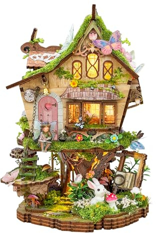 DIY Miniature House Kit - Mini Dollhouse Fantasy Fairy Forest building kit with LED, 3D Wooden Puzzles Stress Relief Model Kit Gifts for Family Friends - Rowen's Treehouse(SQ-80)