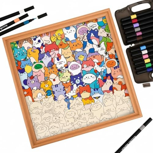 Marco de rompecabezas de madera para gatos, rompecabezas de madera para colorear de gatitos, exhibición de pintura, marco de fotos creativo hecho a mano, marco de rompecabezas para colorear gatos