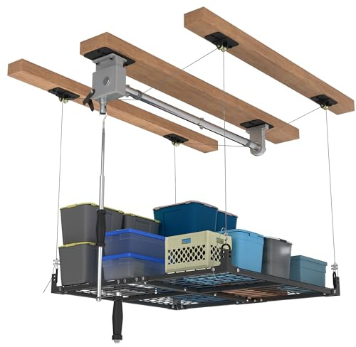 UODENGA Overhead Garage Storage Rack,Garage Ceiling Lift System,4x4FT Lift Storage Rack with Secure Lock,Easy Up Down for 400 Pound Loads,Industrial-Grade Organization System