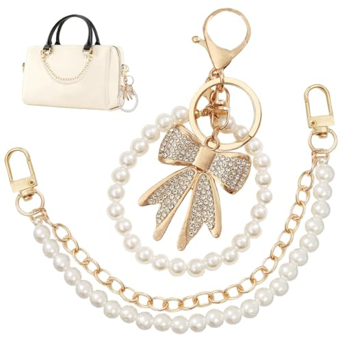 Ceriselle Collar de Perlas, Cadena de Bolso Dorada & Cadena de Extensión con Lazo de Strass, Cadena de Perlas para Bolsos de Mano y de Hombro