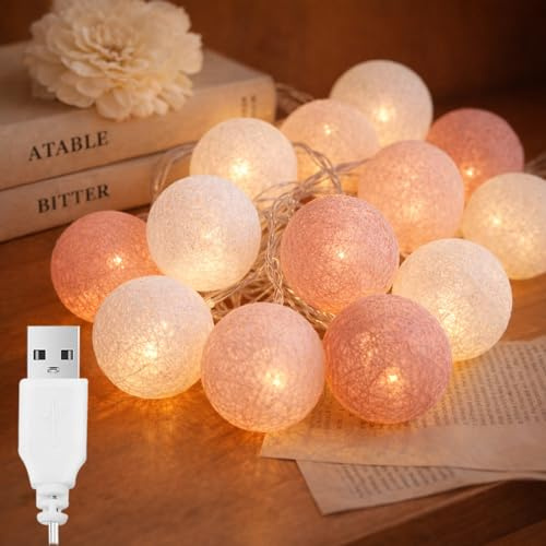 ALEGRE® 3M 20LED Baumwollkugeln Lichterkette Kugeln mit USB, 4cm Cotton Ball Lichterkette Kinderzimmer Mädchen, Roségold Kugel Lichterketten Baumwollkugeln für Hochzeit,Zimmer,Schlafzimmer,Weihnachten