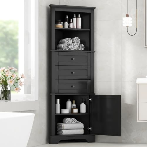 Bellemave Tall Bathroom Cabinet with 3 Drawers and Adjustable Shelves, Freestanding Floor Triangle Corner Cabinet for Bathroom, Living Room (Black)