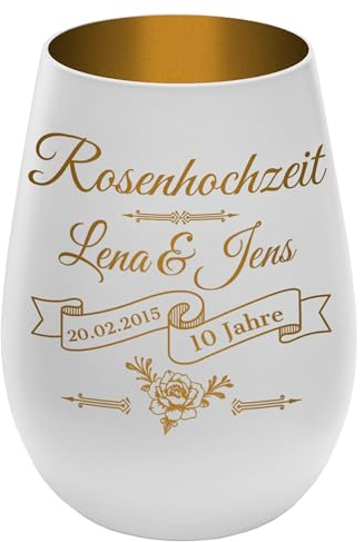 Graviertes Windlicht aus Glas für Hochzeitstag Weiß/Gold mit Motiv 'Rosenhochzeit' – personalisiert – Geschenkidee Hochzeitsjubiläum, Deko, Teelichthalter