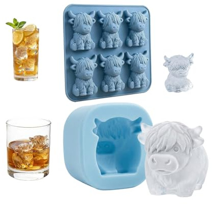 2PCS Mini Hochlandrind Eiswürfelform, niedliche 3D Hochlandrind Eiswürfelform, lustige Silikonformen mit Tiermotiven, wiederverwendbare Eiswürfelforms für Schokolade, Bonbons und Seife