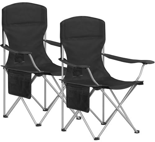 Hzuaneri Campingstuhl, 2er Set, Campingstuhl Faltbar mit Getränkehalter und Tragetasch, Schwerlaststruktur bis 150 KG, Anglersessel Klappbar, Anglerstuhl, Gartenstuhl Outdoor, Schwarz CC00199EB