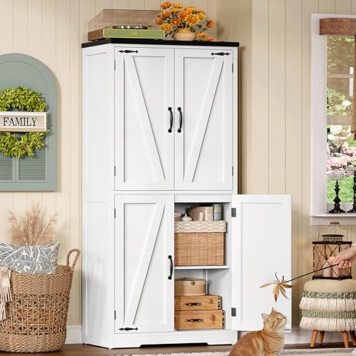 TEENFON 148 cm Küchenschrank 4 Scheunentüren, Mehrzweckschrank mit 2 Feste Regale & 1 Verstellbare Regale, Vorratsschrank für Küche, Esszimmer, Wohnzimmer, Badezimmer - 60 x 30 x 148 cm - Weiß