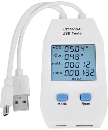Saluaqui LCD USB Tester Detector Voltmeter Ammeter Digital Power Capacity Tester Meter for USB and Power Sources (UT658 Dual)
