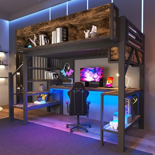Merax Kinderbett Hochbett,Metall,90x200 cm, mit Eckschreibtisch,Stauraum&Lochplatte,Steckdose USB Typ-C&LED,Sicherheitsleiter mit Treppenstufen, für Kinder und Jugendliche, Ohne Matratze,Braun-Schwarz