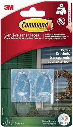 Command Crochets Transparents pour Extérieur - 2 Crochets et 4 Moyennes Languettes - Pour la Décoration de Noël et des Guirlandes Lumineuses - Accrochage Sans Dommage