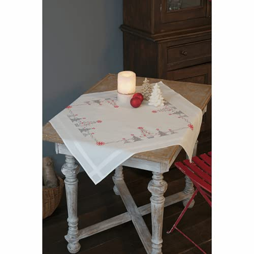 Vervaco Kreuzstich Stickpackungen Tischdecke Weihnachtlich Rot/Grau Stickdecken Vorgezeichnet Basteln Erwachsene Kreativ Set Vorgedruckte Decke Sticken 80 x 80 cm Stickset Sticken Set