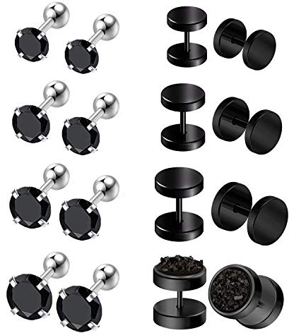 Mayhoop 8 Pares Piercing Oreja Espárragos Falso Piercing Oreja Plugs Acero quirúrgico Negro para Hombre Mujer CZ Pendiente Cartílago de la Oreja Helix Tragus para Hombre