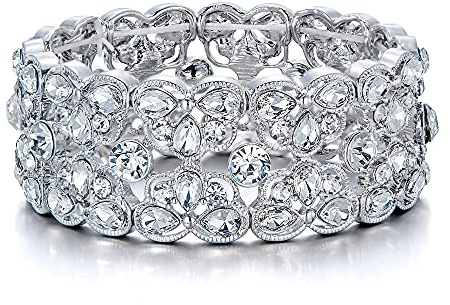 EVER FAITH Pulsera de Novia para la Boda Estiramiento Hoja Floral Cristal Rhinestone para Mujeres Claro Tono Plateado