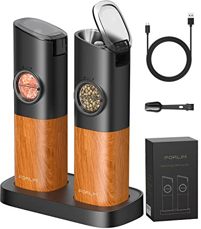 FORLIM Molinillo Sal eléctrico, Molinillo de Pimienta Automático con base recargable, con grosor ajustable,para cocina y barbacoa,Pack de 2(Grano de Madera), KYMQ-13C-WG