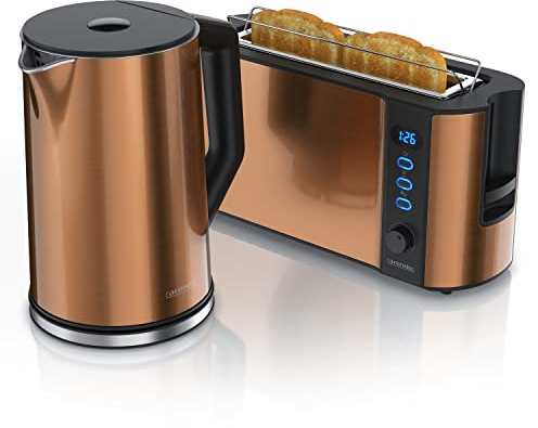 Arendo Ensemble Bouilloire et Grille-Pain - Bouilloire INOX 1,5L 40°-100°C, Grille-Pain 2 Tranches Écran LED 6 Niveaux de Brunissage, Support Viennoiserie - Cuivre