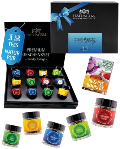 Hallingers Genuss Manufaktur Tee Geburtstagsgeschenk-Set - 12 Sorten premium loser Tee Probierset in edler Geschenkbox mit Rezept-Booklet Happy Birthday, Geschenke für Frauen Männer