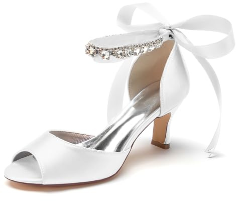 Hanfike JY146 - Sandali da donna con tacco basso, scarpe da sposa con nastro, bianco, 40.5 EU