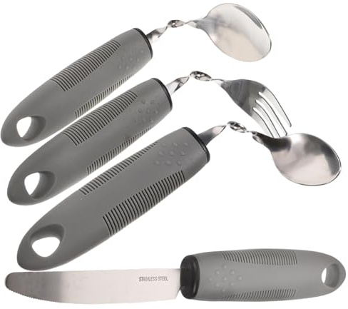 HEALEEP Utensilios Adaptables Antivibración 4 Piezas Acero Inoxidable Mango Plástico Gris Pequeño Flexibles Para Personas Mayores Vajilla Adaptable Apoyo Alimentación Diaria