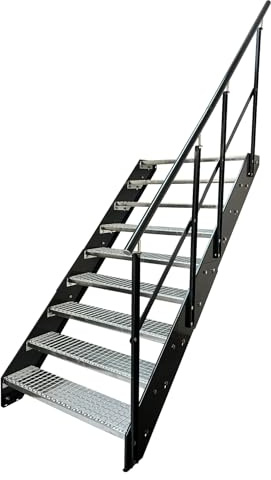 Kaminbau Mierzwa Escalier en acier de qualité supérieure avec garde-corps droite/joue et garde-corps en anthracite / 9 marches en caillebotis (largeur 600 mm) (hauteur 171 cm) résistant aux