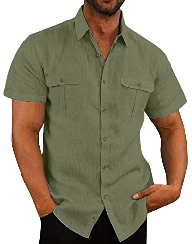 Mens Linen Shirts Short Sleeve Button Down Shirts UK Regular Fit Casual Smart Lapel Collar Cotton Linen Blouse Tops Solid Summer Beach Hawaiian Grandad Shirt with Double Pocket Army Green