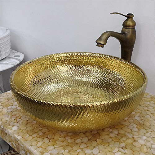 DDNGEJ Waschbecken fürs Badezimmer, Aufsatzwaschbecken im Retro-Stil, Keramik-Kunstwaschbecken, Übertischwaschbecken, Badezimmerwaschbecken, Waschbecken, Keramikwaschbecken, Gold