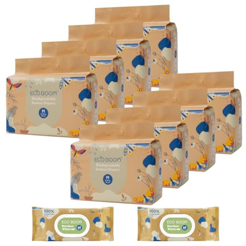 ECOBOOM JOY- Pañal Ecológico de BAMBÚ. 70% Biodegradable, Hipoalergénico (TALLA 3/M, 6-10 KG, CAJA 8 BOLSAS - 256 pañales)