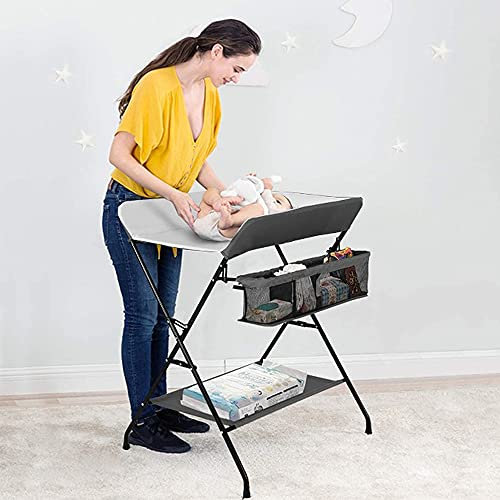 Table à Langer Pliable, Tables à Couches pour Bébé avec Ceinture de Sécurité, Soin pour Nouveaux-Nés avec Sac de Rangement et Couche Inférieure (Blanc cassé-79 * 55.5 * 96cm)