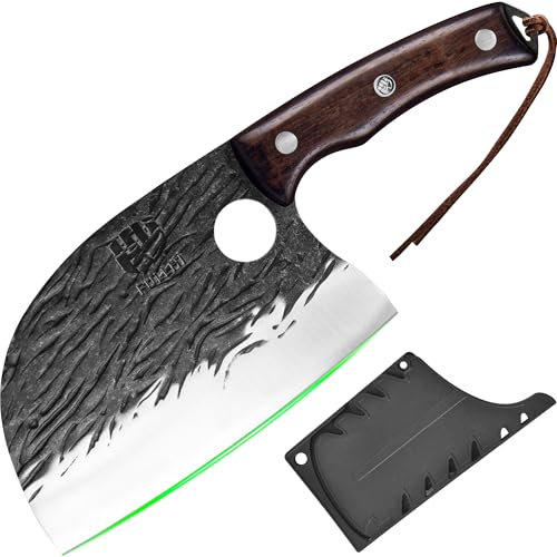 FULLHI 2pcs Coltello da macellaio con fodero, coltello da cuoco serbo Tang, coltello da verdure con mannaia in acciaio al carbonio per esterno, campeggio (Marrone, Coltello da cuoco serbo)