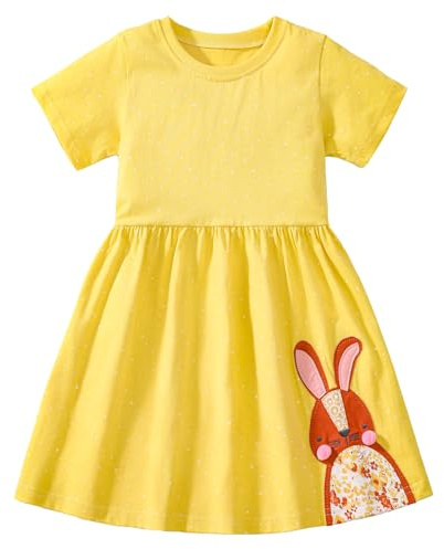 Vestito Estivo Bambina Ragazza Manica Corta Vestito Coniglio Bambina Abiti Estivi Cotone Moda Vestiti Primavera Estivo Festa Compleanno per Regazze Bambini 7 Anni,Coniglio/Giallo