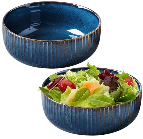 Qudubuy 1800ml Ceramic Decorative Serving Bowls - Large Salad Bowl Set of 2, Blue Tableware for Salad, Ramen, Cereal, and Fruit, Dishwasher Safe for Family Gatherings and Restaurant