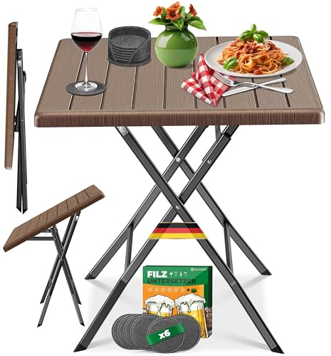KESSER® Balkontisch klappbar | Wetterfest/UV-beständig | Balkonmöbel | Beschichteter Stahl & Holz-Optik | Outdoor Gartentisch | Gartenmöbel mit 6 Filz-Untersetzer | Bistrotisch bis zu 100 kg belastbar