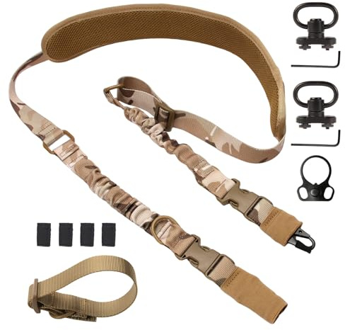 ThreeHome Upgraded Two Point Sling with Soft Shoulder Pad, Adjustable Length Rifle Sling with 2 Pack M-Rail, Gun Sling with D-Ring Loop, Camo Khaki