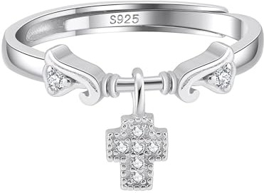 SILBERTALE Verstellbare Silberringe Damen 925 – Zirkonia Ring mit Charm Anhänger Schleife/Kleeblatt/Kreuz, Sterling Silber Ring in Gold & Silber