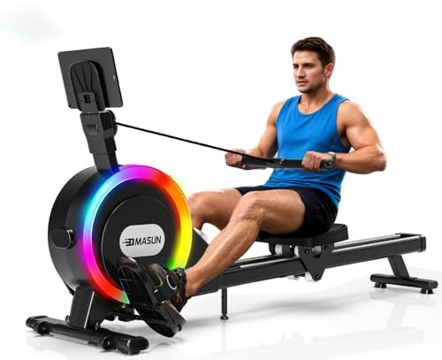 DMASUN Rameur Musculation D'appartement, 32 Niveaux de Résistance Magnétique Silencieuse avec 7 Couleurs D'éclairage, Rameur Pliable Compatible APP et à Double Rail, Capacité de 160 kg