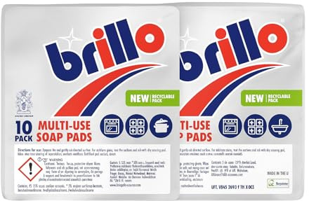 Brillo Multi-Use Soap Pads 10pcs (Pack of 2) | Heavy-Duty Scrubbing | Pre-Loaded with Soap | Removes Tough Grease & Grime | Multi-Surface Cleaning | Rust & Stain Remover for Kitchen & Outdoor Use