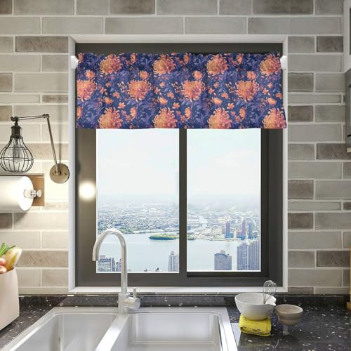 FRODOTGV Large Orange Chrysanthemum Flowers Kitchen Curtains for Bathroom Bedroom 54 by 18 Inch Kitchen Window Valance Over Sink 1 Panel Mini Curtains
