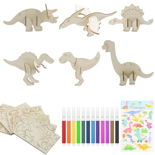 PETERMALLON 6 Stück Dinosaurier Holz Bastelset，Drachen Geburtstag Bastelset mit 12 Farbstifte und Aufkleber,3D Puzzle Holz zum Bemalen und Basteln DIY für Jungen Mädchen，Kinder Drachen Geburtstag