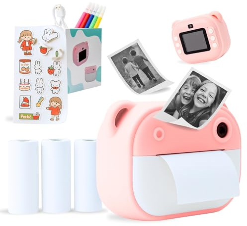 YUMMYDUCKY | Appareil photo instantané enfants sans encre - Double lentille, impression thermique, jeux, filtres, écran HD, 3 rouleaux de papier + 5 feutres - Enfants à partir de 2 ans - Rose