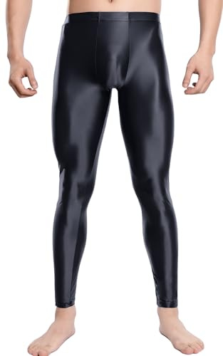 FEOYA Herr Briljanta leggings glansiga sportbyxor smala byxor gym klubbkläder M L XL XXL, svart, L