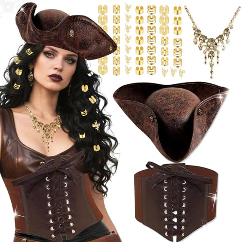 BACH AND BOOZY costume pirata completo accessori fascia fronte collana teschio cintura fianco halloween carnevale festival musicale colore marrone