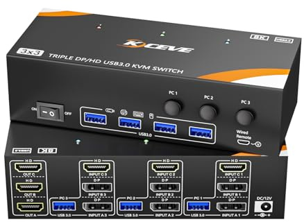YOUTINGHDAV USB 3.0 KVM Switch 3 Monitors 3 Computers Displayport HDMI, KVM Switch Triple Monitor 8K@60Hz 4K@144Hz for 3 Computers Share 4 USB 3.0 Devices, Wired Remote(8K DP HD 3 in 3 out KVM)
