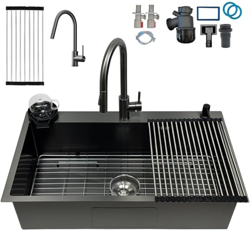 KOOGIMDDR Fregadero de cocina de acero inoxidable de 85 x 50 cm, con 1 cubeta gris y negro, con rejilla de acero inoxidable nano, lavabo de cocina con 3 agujeros escurridor de apoyo con grifo, con