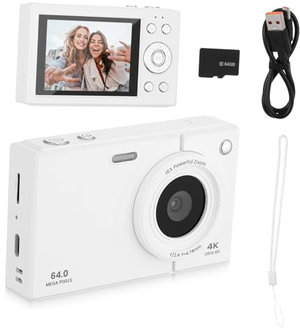 Fotocamera Digitale Vintage Bianca 2.8 Pollici, 4k, 16x Zoom | Carte 64 Gb, Wifi per Condivisione Rapida, Portatile per Viaggi e Avventure Spontanee, Decorazioni Scuola