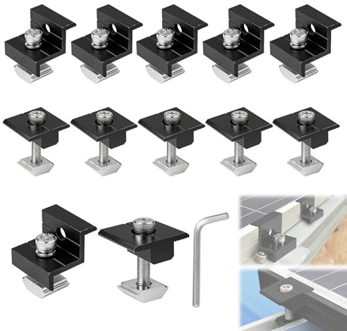 EXLECO Juego de 12 Soporte para Placas Solares 30 - 35mm, 6 Abrazaderas de Extremo y 6 Abrazaderas Medias, Soporte para Módulos Fotovoltaicos de Aluminio, Fijación para Panel Solar a Rail, Negras