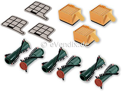 12 pezzi set di filtri adatto per Vorwerk Folletto VK 135/136: 3 Hygiene-Microfiltro + 3 Filtro motore + 6 Spazzole et 340, EB 350/351 (3 Coppia) di eVendix®