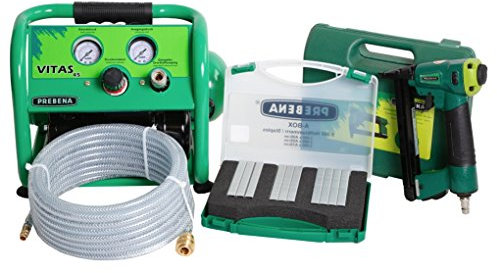 Prebena Komplettpaket 1XR-A16 Druckluftnagler + Druckluftschlauch 10m + Kompressor VITAS 45 + A-BOX 9.000 Heftklammern