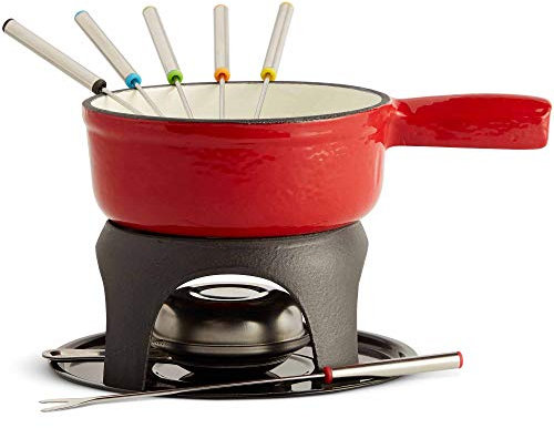 VonShef Fondue Set, Red Enamel Cast Iron Pan for Swiss-Style Cheese or Chocolate Fondue, Includes 6 Colour Coded Forks & Adjustable Burner