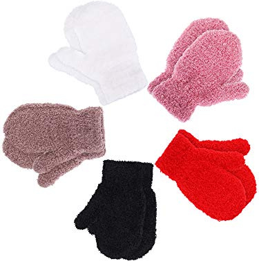 Boao 5 Pairs Winter Knit Gloves for Kids Toddler Stretch Full Finger Mittens for Boys Girls 1-10 Years(5-10 Years Size,Simple Colors)