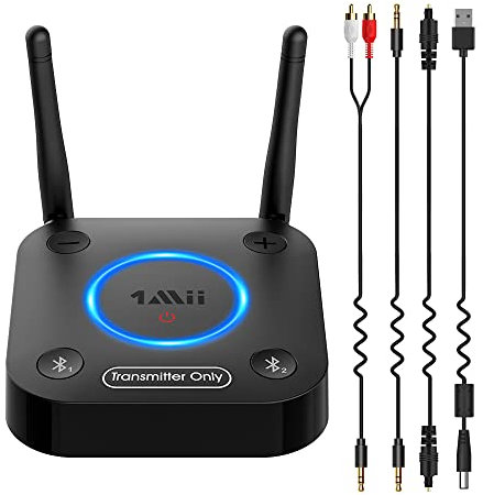 1Mii Bluetooth 5.2 Transmitter für TV, Große Reichweite Bluetooth Audio Adapter, aptX HD Low Latency Bluetooth Sender für 2 Kopfhörer Lautsprecher, 3,5mm AUX/Optisch/Coaxial Kabel, Lautstärkeregelung