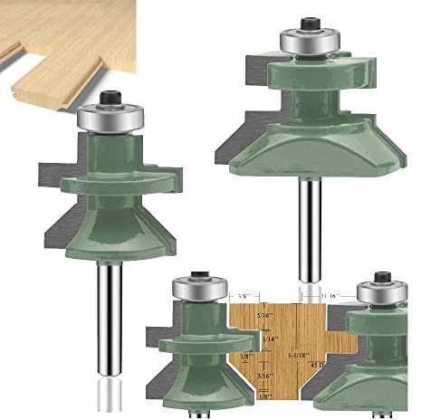 OLETBE Tongue and Groove Flooring Router Bit Set 1/4-Inch Shank 2 PCS Woodwork, V-Notch Wainscotting and Flooring Matched Woodworking Cabinet Router Bits Sets with Edge Banding(4)